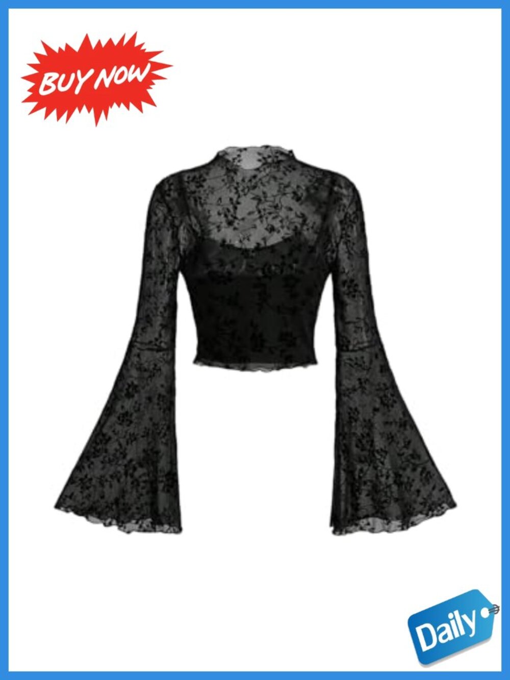 Gothic Mesh Bell Sleeve Crop Top Floral Lettuce Trim Concert Outfit